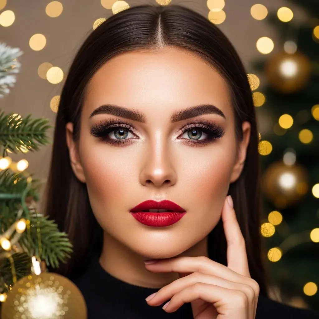 Elegant woman with dramatic volume lash extensions in a festive holiday setting highlighting glamour and confidence